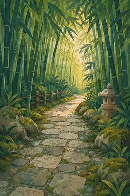 Serene Bamboo Forest Path in Morning Light