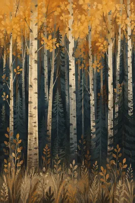 Golden Autumn Birch Forest in Shadow