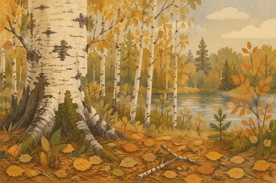 Golden Autumn Birch Forest with Quiet Pond