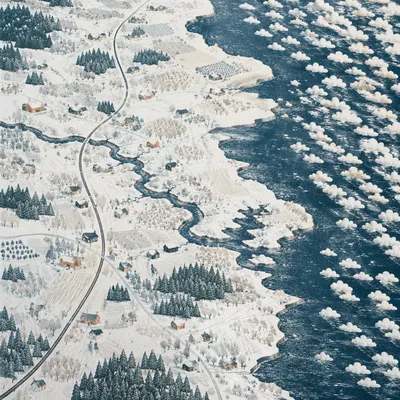 Blizzard Covered Coastal Winter Road Aerial