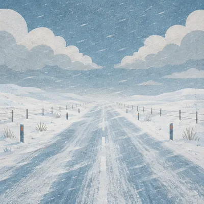 Blizzard Swept Snow Road on Winter Plateau