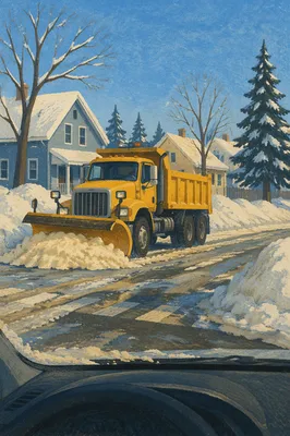 Yellow Snowplow Clearing Blizzard Covered Road