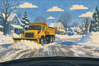 Yellow Snowplow Clearing Blizzard-Covered Winter Road