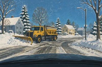 Snowplow Crossing Blizzard Covered Winter Road