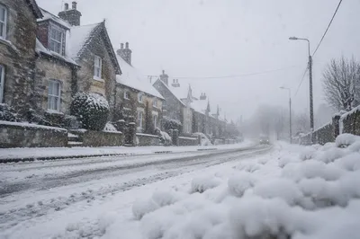 Heavy Blizzard on Small Town Winter Road