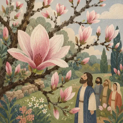 Blooming Pink Magnolia Branch in Spring