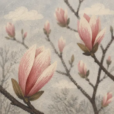 Misty Spring Magnolia Blossoms on Branch