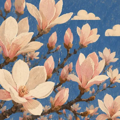 Pink Magnolia Blossoms Against Spring Sky