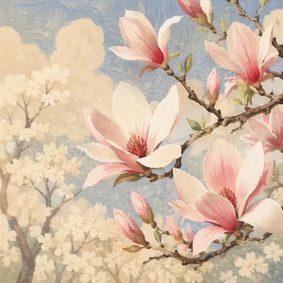 Pink Magnolia Blossoms in Spring Light