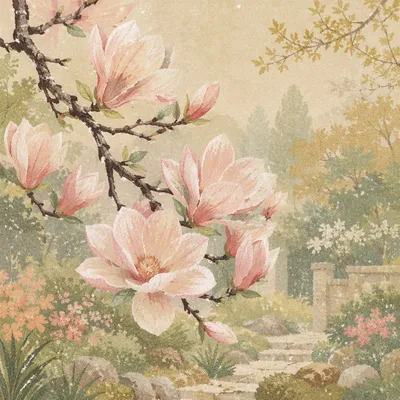 Pink Magnolia Blossoms in Morning Mist