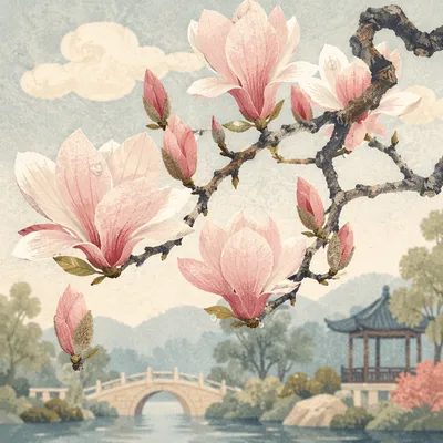 Pink Magnolia Blossoms in Morning Mist