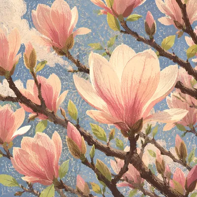Pink Magnolia Blossoms in Spring Sunlight