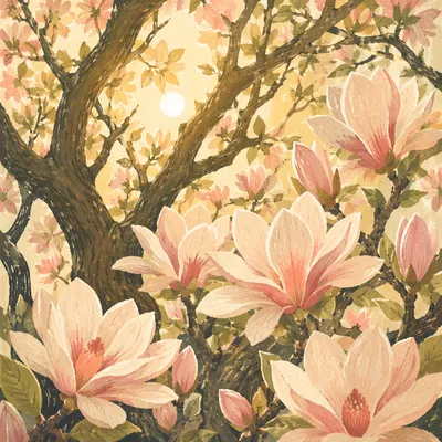 Blooming Magnolia Branches in Spring Light