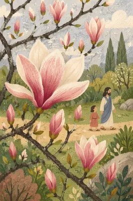 Blooming Pink Magnolia Branches in Spring