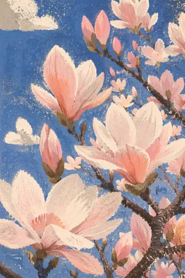 Pink Magnolia Blossoms Against Spring Sky