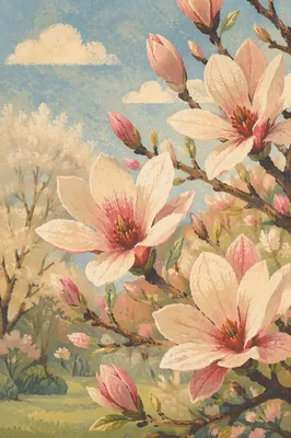 Pink Magnolia Blossoms in Spring Light