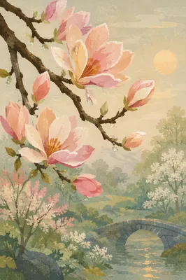 Blooming Magnolia Branch in Soft Morning Light