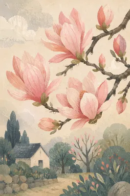 Blooming Magnolia Branch with Soft Pink Blossoms