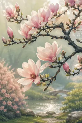 Pink Magnolia Blossoms in Morning Mist