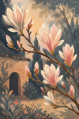 Blooming Magnolia Branch with Pink Blossoms