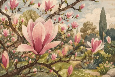 Blooming Pink Magnolia Branch in Spring