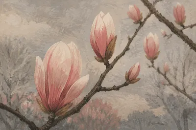 Misty Pink Magnolia Blossoms in Spring