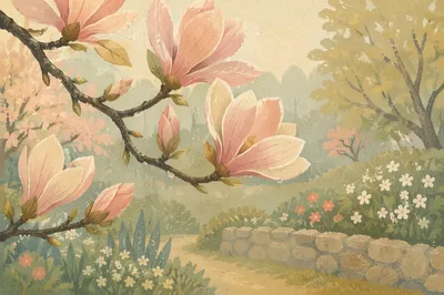 Pink Magnolia Blossoms in Morning Mist