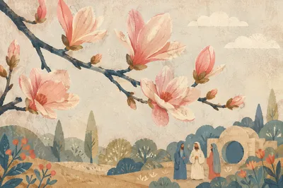 Pink Magnolia Blossoms in Misty Spring Light