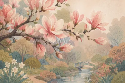Pink Magnolia Blossoms in Morning Mist