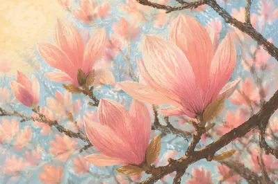Pink Magnolia Blossoms in Spring Light