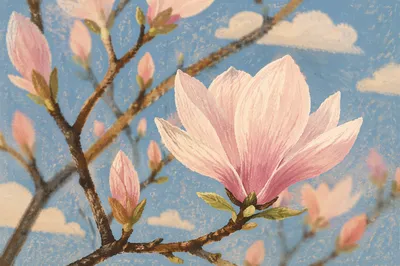 Blooming Magnolia Branch with Pink Blossoms