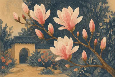 Sunlit Pink Magnolia Branch in Bloom