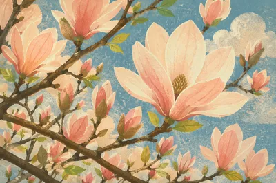 Backlit Pink Magnolia Blossoms in Spring