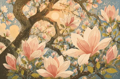 Blooming Pink Magnolia Branches in Spring Light