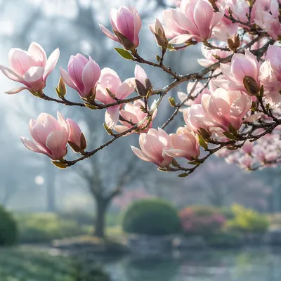 Blooming Magnolia Branch in Soft Morning Light