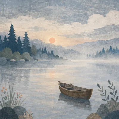 Rowboat on Misty Lake at Dawn