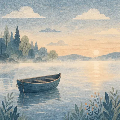 Solitary Rowboat on Misty Dawn Lake