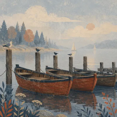 Calm Morning Rowboats on Misty Lake