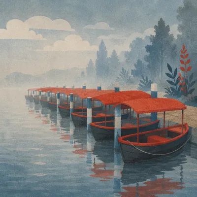 Red Boats on Misty Morning Lake