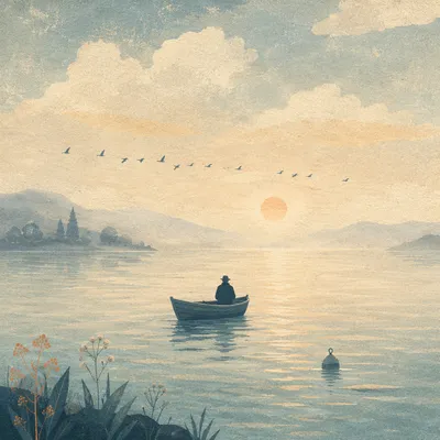 Boat on Calm Misty Lake at Dawn