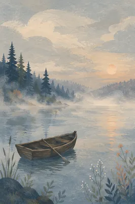 Solitary Rowboat on Misty Dawn Lake