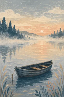 Solitary Boat on Misty Morning Lake