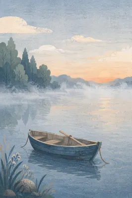 Solitary Rowboat on Misty Morning Lake