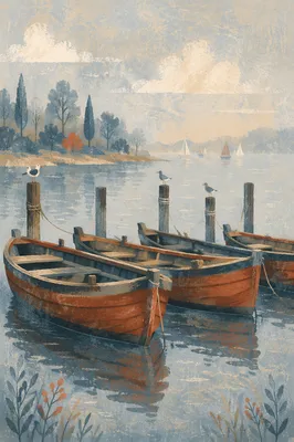 Calm Morning Rowboats on Misty Lake