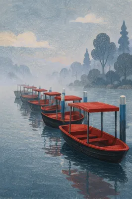 Red Boats on Misty Morning Lake
