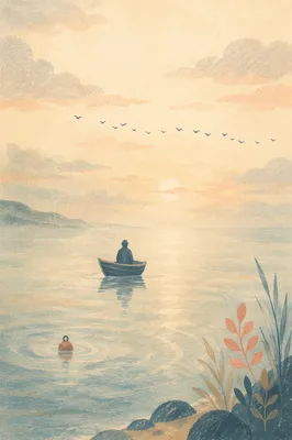 Boat on Calm Misty Lake at Dawn