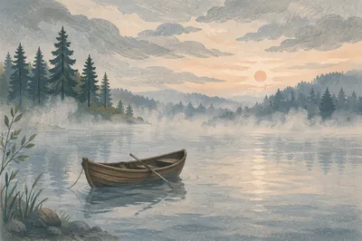 Rowboat on Misty Calm Lake Dawn