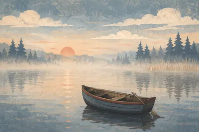Solitary Boat on Misty Morning Lake