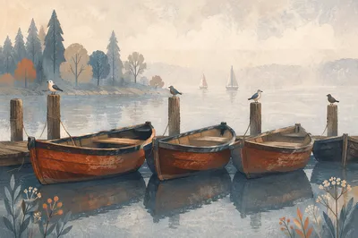Wooden Boats on Misty Morning Lake