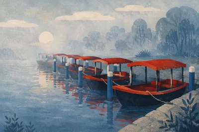 Red Boats on Misty Calm Lake
